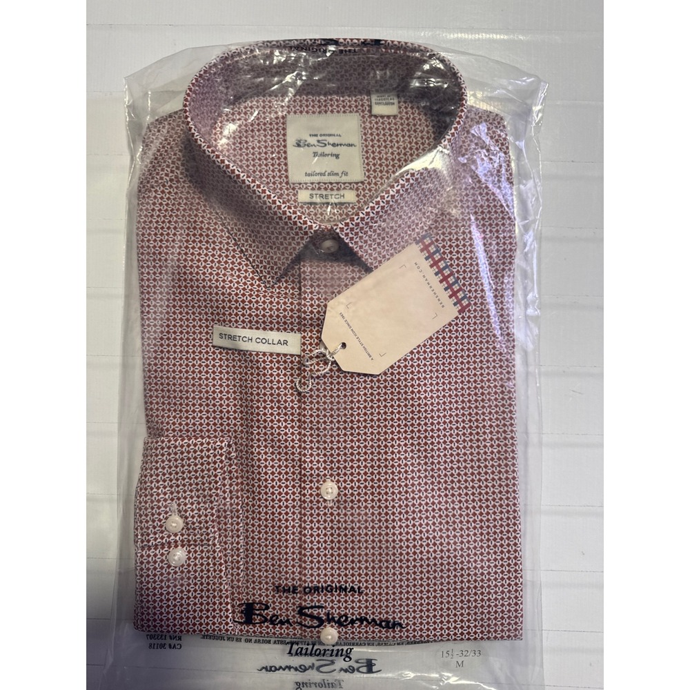 Ben Sherman Tailoring Mens Slim Fit Stretch Shirt Spice Red Print 15.5 32/33 NEW